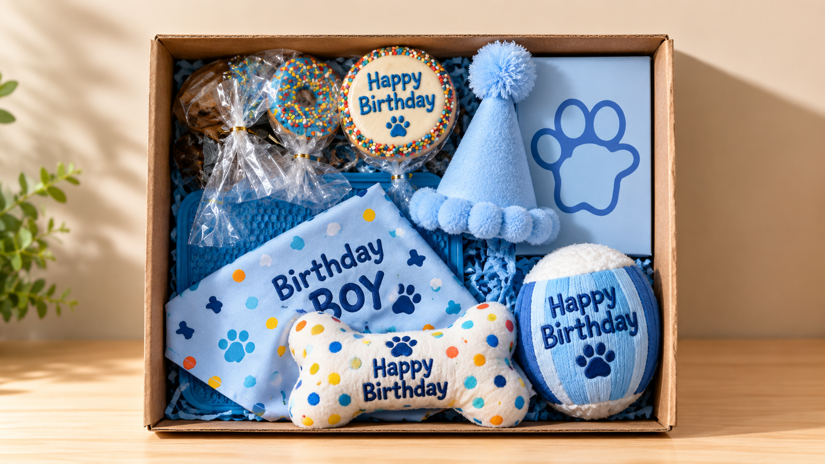 Close up of treats and toy in the Dog Birthday Box